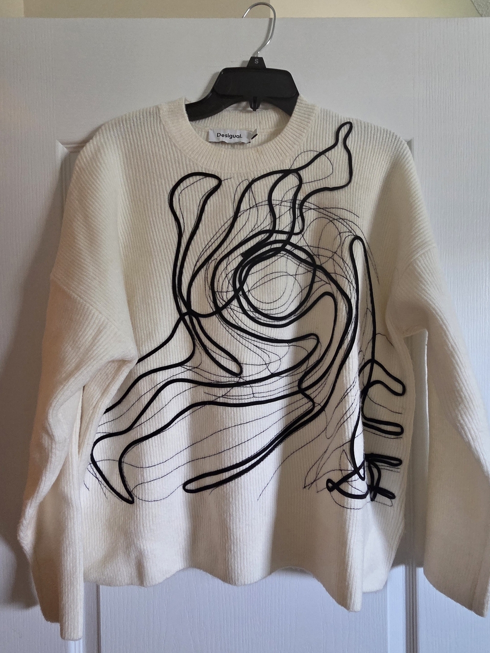 Desigual Cream Crewneck Sweater with Black Abstract Stitching